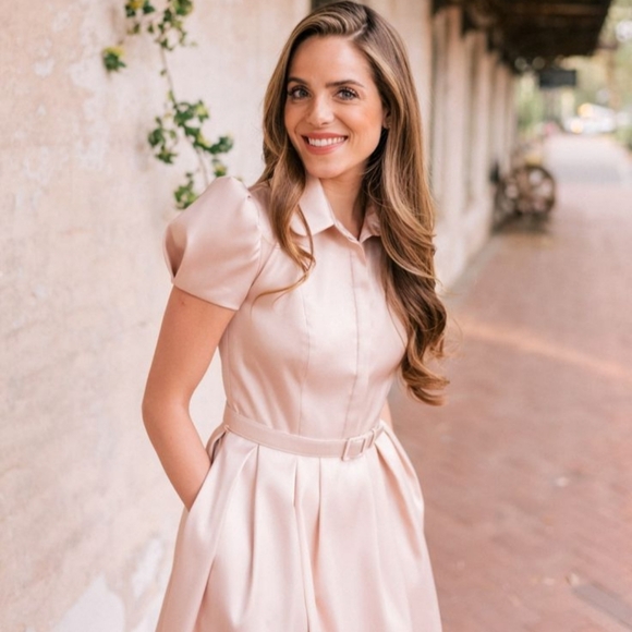 Gal Meets Glam Hazel Dress Blush Preppy Belt Peter Pan Collar Puff Sleeve Pastel - Picture 3 of 16